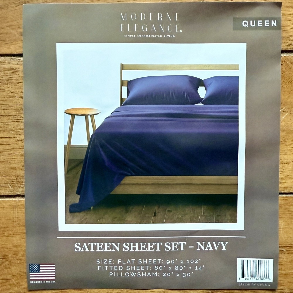 NEW Moderne Elegance Luxury Sateen QUEEN Satin Sheet Set Navy Blue Fitted Flat